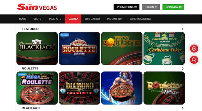 sun vegas casino table games